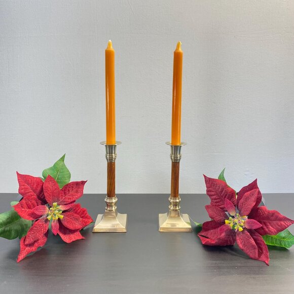 Set of 2 Candlestick Holders, Brass and Wood, Taper Candle Holder with Candles, - Picture 5 of 10